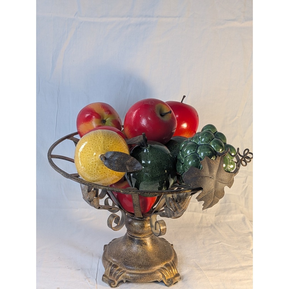 Vintage Ornate Metal Pedestal Fruit Bowl Centerpiece with Ceramic Faux Fruit - Picture 2 of 5
